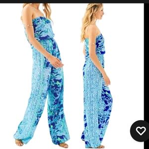 Lilly Pulitzer Pim Jumpsuit Strapless Wide Leg Sea Sirens Print Blue Womens Md